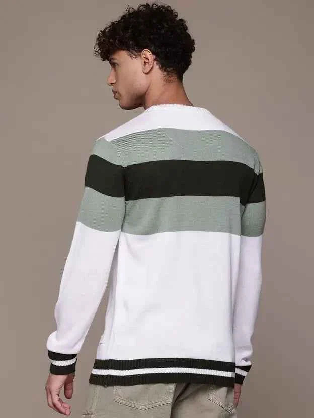 Roadster  Men Striped Round Neck White Sweater
