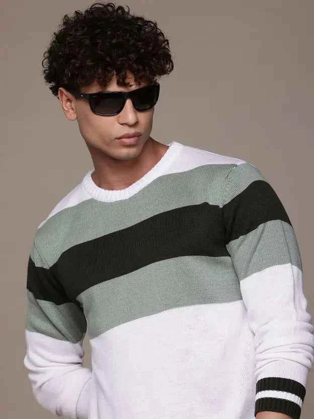 Roadster  Men Striped Round Neck White Sweater